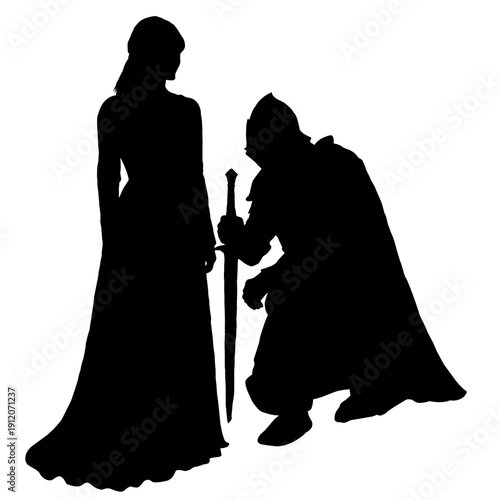 Silhouette of a Medieval Knight Kneeling with Sword Before a Queen or Lady