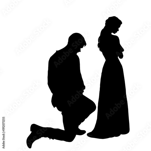 Silhouette of a Man Kneeling in Front of a Disappointed or Sad Woman