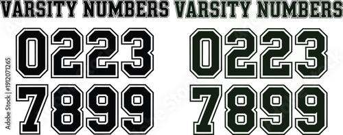 Varsity Numbers Vector Set Featuring Bold Collegiate Block Digits in Black and Dark Green with Double White Outlines for Sports Jersey and Team Apparel Design