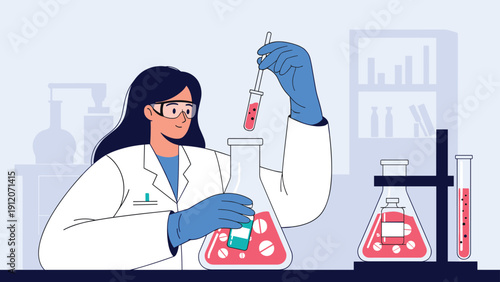 Professional female scientist in lab coat and protective gear conducting research with chemicals and test tubes in laboratory.