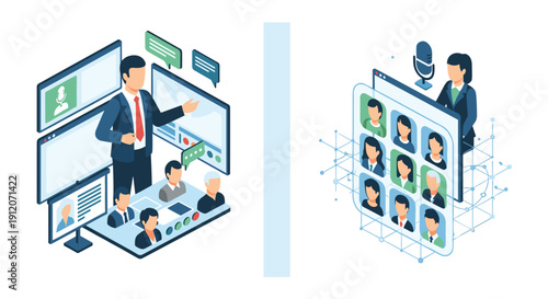 Set of isometric illustrations depicting virtual meetings, online presentations, and remote team collaboration through video conferencing.