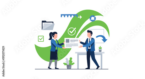 Business professionals exchange a document, symbolizing a successful transaction or project completion within a structured workflow process.