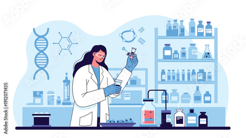 Dedicated scientist performing complex experiments in a high-tech laboratory filled with scientific equipment and glassware.