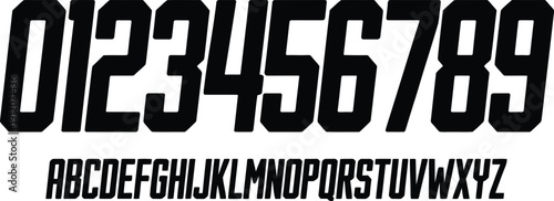 Bold Black Italic Athletic Vector Font Collection Featuring Slanted Block Alphabet and Numbers for Modern Sports Jersey and Team Apparel Design