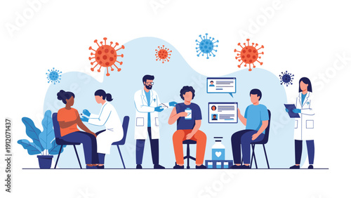 Diverse group of people being vaccinated by medical professionals in a clean and organized modern clinic environment.