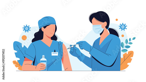 Two female medical professionals in surgical scrubs and masks administering a vaccine to each other for protection in clinic.