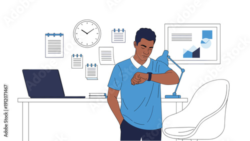 Young professional man checks his smartwatch for notifications while standing in his home office next to a laptop and desk.