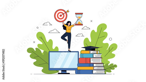 Woman balances on one leg on top of a computer monitor while holding a target and an hourglass among stacks of study books.