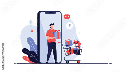 Man carrying a wrapped gift box and stepping out of a giant smartphone screen next to a shopping cart for mobile retail.