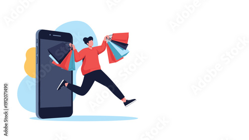 Person jumps joyfully out of a large smartphone screen while carrying many colorful shopping bags from an online purchase.