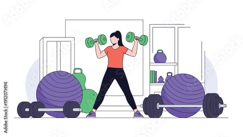 Athletic woman performs a strength training workout by lifting dumbbells in a gym filled with fitness balls and weights.