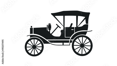 Detailed black silhouette of a vintage early twentieth-century automobile is shown from a side profile on a white background.
