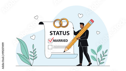 Business man in a formal suit uses a giant pencil to check off the married status box on a legal document with wedding rings.