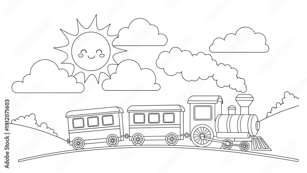 Naklejka premium Charming line art drawing of a toy steam train traveling through a hilly landscape with a smiling sun and fluffy clouds, perfect for coloring.