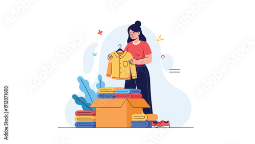 Woman stands over a large box filled with neatly folded stacks of colorful clothes while holding up a yellow shirt.