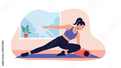 Woman performs a deep stretching exercise using a foam roller on her yoga mat in a bright and airy room by a window.