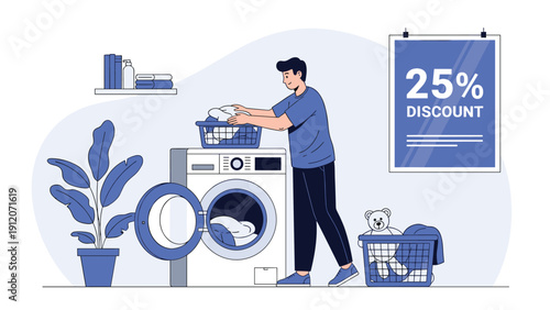 Man in a blue shirt performs household chores by loading a white washing machine with a laundry basket and detergent.