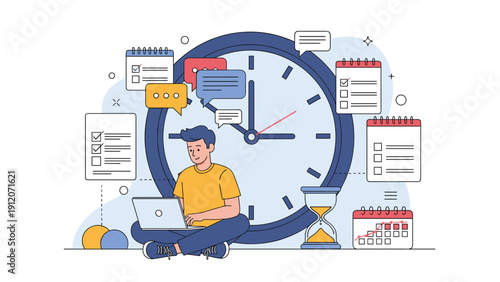 Man sits on the floor with his laptop while managing multiple tasks and appointments in front of a giant wall clock.