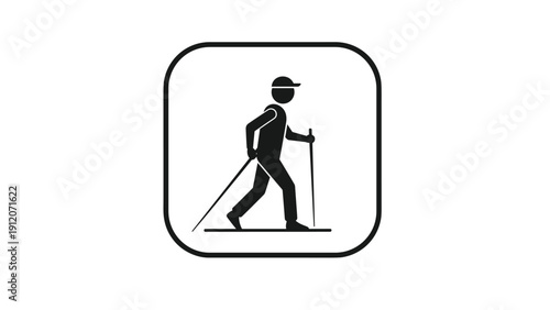 Square black and white icon depicting a person practicing Nordic walking with trekking poles on a path, symbolizing health and outdoor recreation.