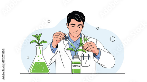 Scientist in a white lab coat uses a pipette to extract stevia plant essence into a glass bottle in a research laboratory.