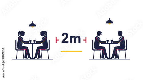 Informative graphic showing customers sitting at separate tables in a restaurant with a 2-meter social distancing rule indicated between them.