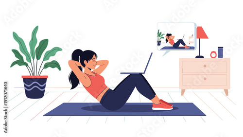 Woman follows an online fitness workout video on her laptop while doing abdominal sit-ups on a yoga mat at home.