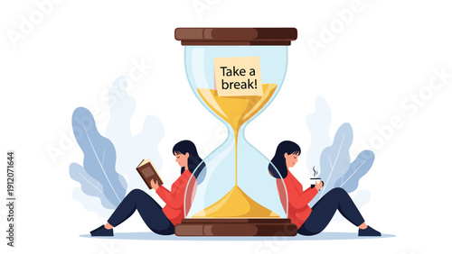 Two women lean against a giant hourglass and take a well-deserved break to read a book and drink coffee during work.