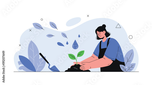 Female gardener with a black apron kneels in the dirt while planting a small green plant and watering it from above.