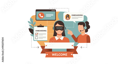 A conceptual illustration of a new employee's onboarding process, featuring virtual reality training and guidance from a support agent.
