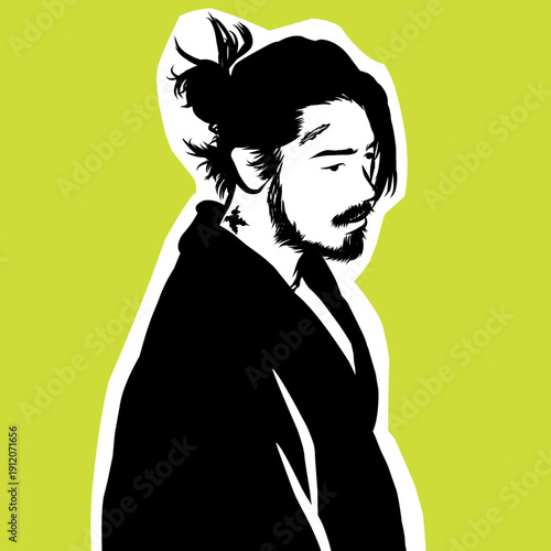 Stylized Vector Portrait of a Bearded Man with Bun and Neck Tattoo