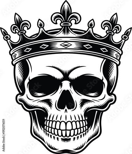Vintage hand drawn vector human skull wearing royal king crown, isolated retro skeleton head for gothic branding