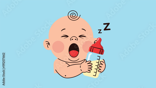 Adorable baby character yawning and holding a milk bottle, with Zzz symbols indicating it is time for a nap or bedtime in a sweet illustration.