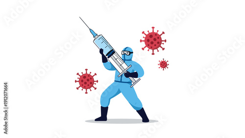 Medical professional in a blue hazmat suit holds a giant syringe as a defensive weapon against red virus molecules.