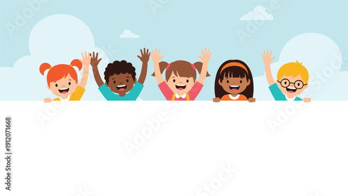 Group of five diverse and happy children peeking over a large white board with their hands up, ideal for a banner or announcement background.