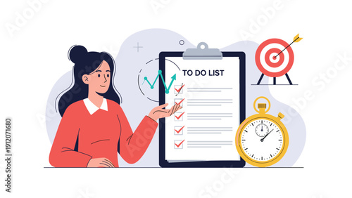 Young woman points at a large to-do list clipboard while managing her time with a stopwatch and hitting a target.