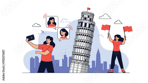 Female tourists enjoying their travel to Italy while taking photos and selfies in front of the famous leaning tower of pisa landmark.