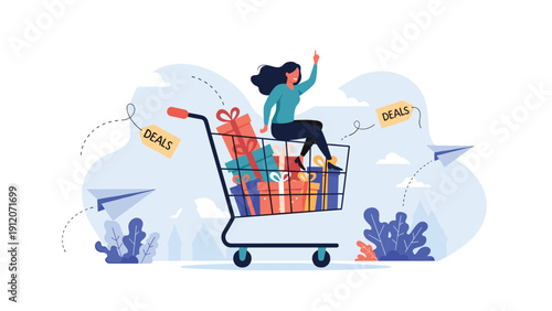 Excited young woman sitting on top of a shopping cart filled with colorful gift boxes while celebrating special seasonal deals.