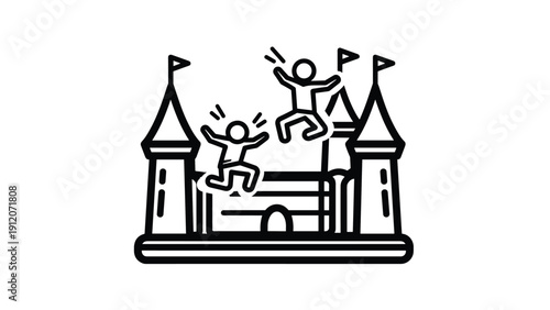 Black and white line art depicts children jumping and playing on a large inflatable bouncy castle during a fun outdoor event.