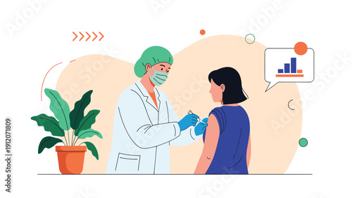 Female medical professional in a protective mask and cap giving a vaccination shot to a woman patient in a clinic.