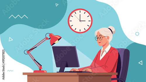Senior businesswoman wearing glasses and working on a computer at her office desk during regular business hours.