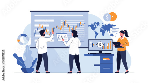 Professional team of financial analysts collaborating and studying stock market data and charts on a large digital display.
