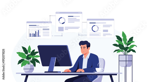 Businessman working on a laptop at his desk while managing multiple windows with financial data and analytics charts.