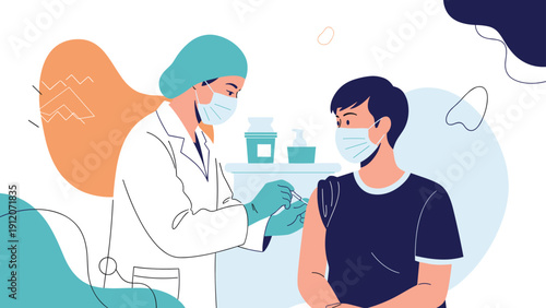Professional doctor wearing a face mask and protective gear giving a vaccine injection to a young man in a medical facility.