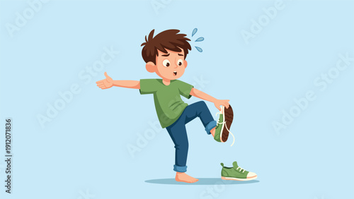 Frustrated young boy struggles to put on his green shoes as he balances on one foot against a plain blue background.
