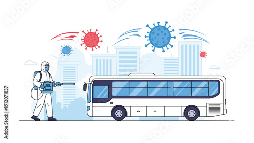 Worker in a white protective hazmat suit disinfecting a public bus during a viral pandemic in a city environment.