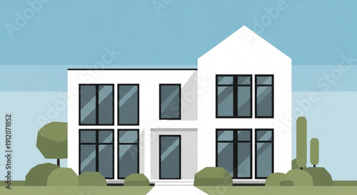 Modern white house with large windows and green lawn under blue sky illustration of contemporary home exterior with bushes and cactus