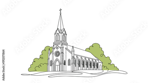 Simple continuous line drawing shows the elegant architecture of a church surrounded by lush green trees on a white background.