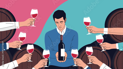 Man feeling overwhelmed while being offered many glasses of red wine by several hands in a cellar full of wine barrels.