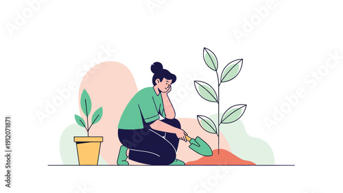 Young woman kneeling in the garden and thoughtfully looking at a newly planted tree while holding a gardening shovel.
