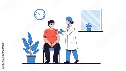 Nurse in a blue uniform and face mask giving a vaccination injection to a man seated in a professional medical office.